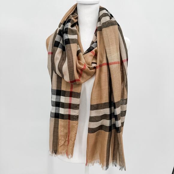 Burberry Scarf Authentic Beige Gauze Lightweight Plaid Nova Check Long Oversized - Picture 2 of 8